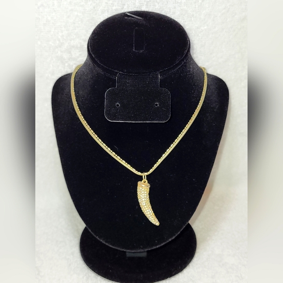 Gold Tone Horn and Rhinestone Multi-Strand Pendant Necklace - Picture 4 of 7